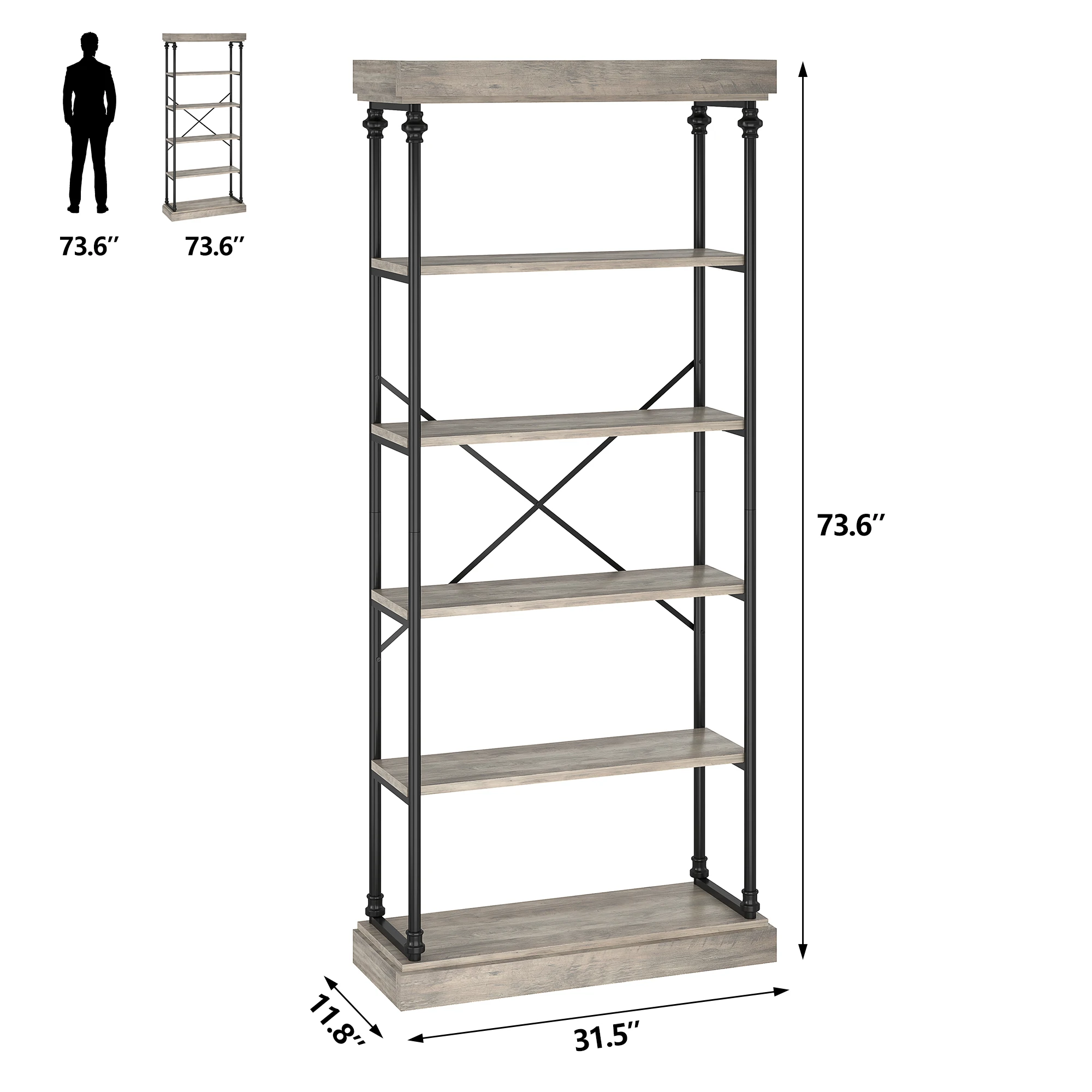 

Industrial Bookshelf Wood Bookcase 6 Tier Storage Open Rack Shelf with Metal Frame Rustic Tall Standing Bookshelves Display Rack