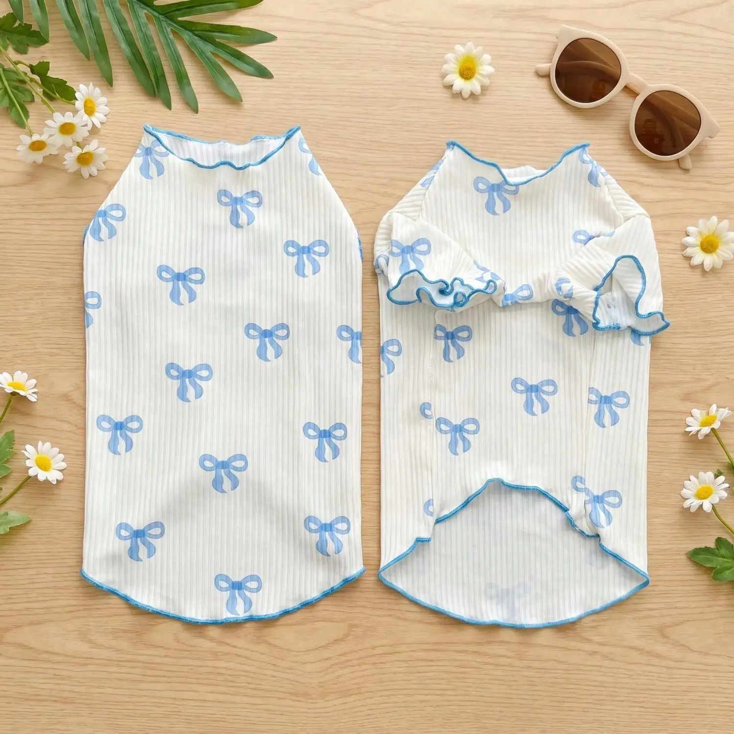 Geripptes Haustier-T-Shirt mit Herz- und Schleifendruck und Rüschenbesatz für kleine Hunde und Katzen – Detail 20