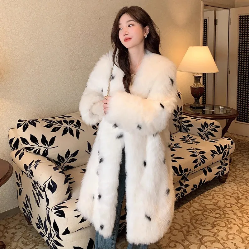 Women's Clothing Fur Coats Fluffy Faux Fox Fur Leopard Print Spots Overcoats V-neck Mid-length Furry Trench Coats Winter New
