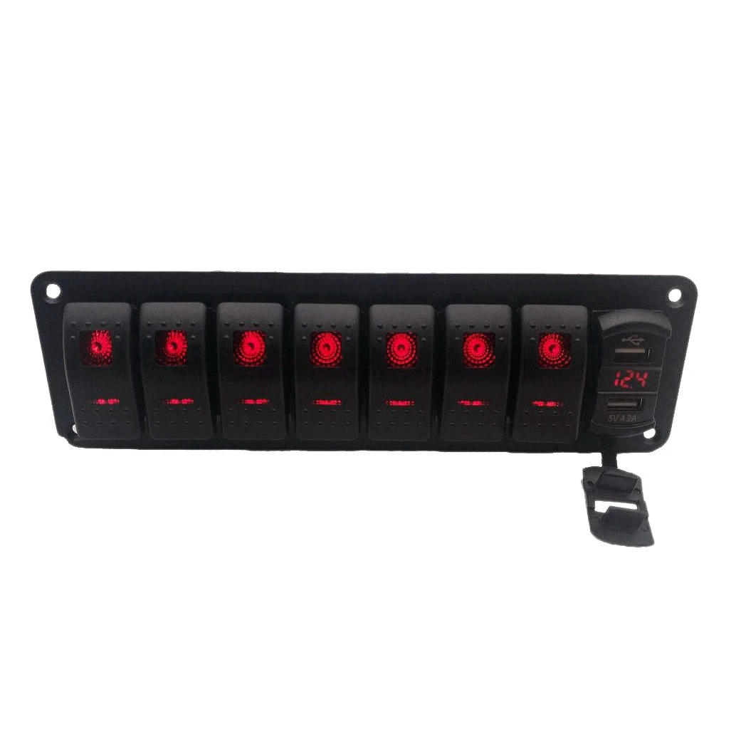 

Car Waterproof Marine Boat Rocker Switch Panel 8 Gang 12V/24V Circuit Breaker Dual USB Slots Light Button Red