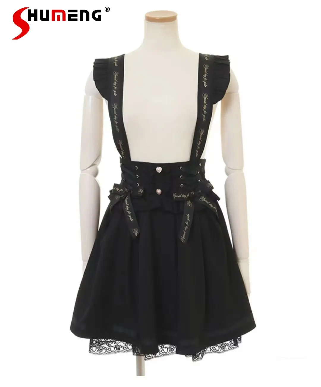 Japanese Style Letters Suspender Skirt for Girl Women Sweet Lolita Bow Black A-line Short Skirts Cosplay Female Faldas Mujer