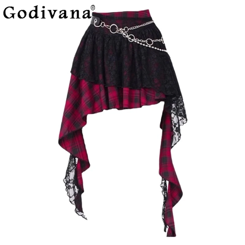 

Y2k Cool Girl Plaid Red Lace Ribbon Irregular Personality A-line Skirt Women's Summer New Sweet Cute Punk Retro Versatile Skirts