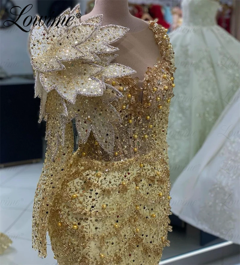 Gorgeous Gold Evening Dress Crystals Sparkle Aso Ebi Leaf Wedding Party Dress Custom Made Long Sleeve Mermaid Celebrity Dresses