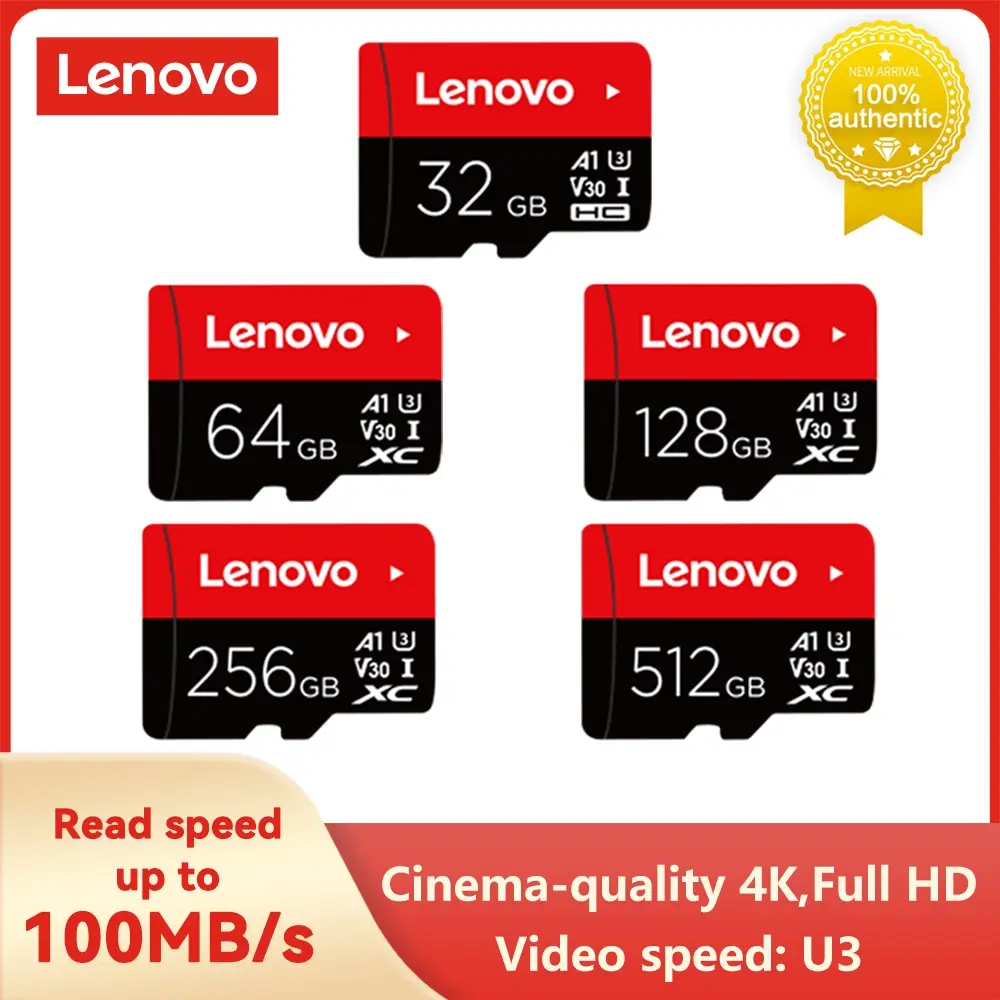 Lenovo-Cartão de memória Full HD, Micro TF Mini SD Card, Flash Card para telefone e computador, U3 V30, 4K, 512GB, 256GB, 128GB, 64GB, 32GB