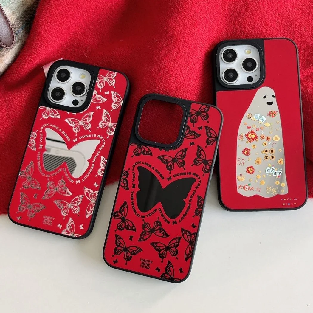 

New Year's Red Butterfly Ghost Mirror Surface Phone Case Cover for IPhone 11 12 13 14 15 16 Pro Max Case for IPhone 16 Pro Max