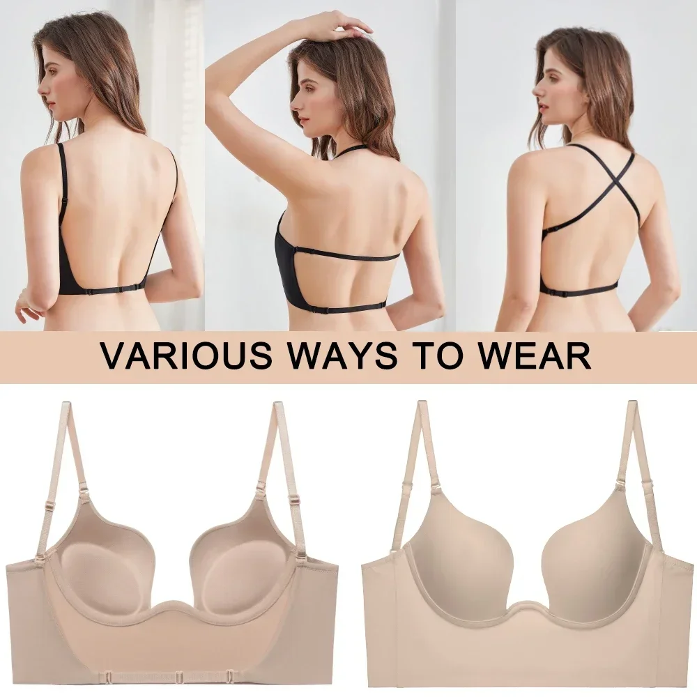 Push Up Bra Backless Women Bras Low Cut Sexy Plunge Brassiere Open Back Wedding Underwear Invisible Seamless Deep U Lingerie