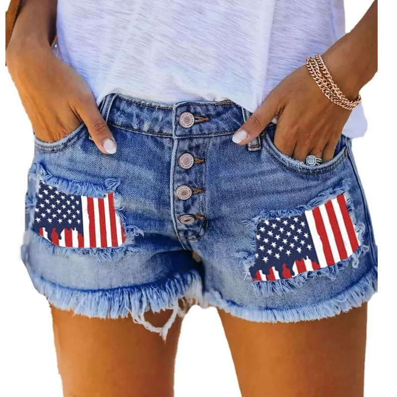 Shorts jeans feminino, estampa de borla para lavar, furos de cintura alta, emendados, bolsos de botão, sexy, slim fit, angustiado, verão, 2024