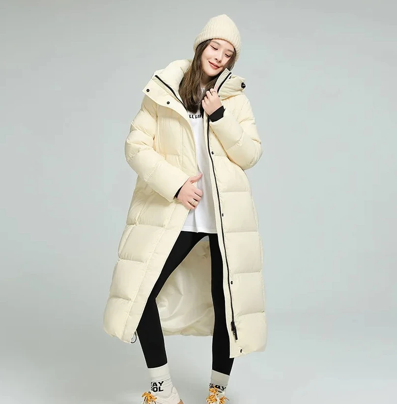 Długa, prosta kurtka puchowa dla kobiet, płaszcz zimowy do ziemi, 90% puchu kaczy, ultra ciepły, jednolity kolor, elegancki.