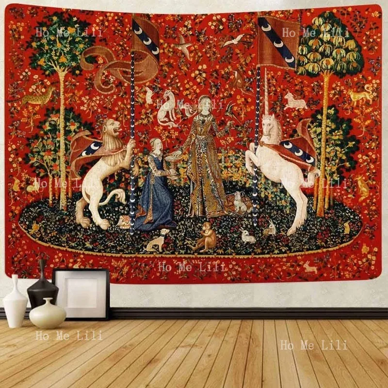 

Средневековый европейский гобелен с королевской леди и единорогом для спальни, гостиной, квартиры, декор в общежитии, настенные гобелены