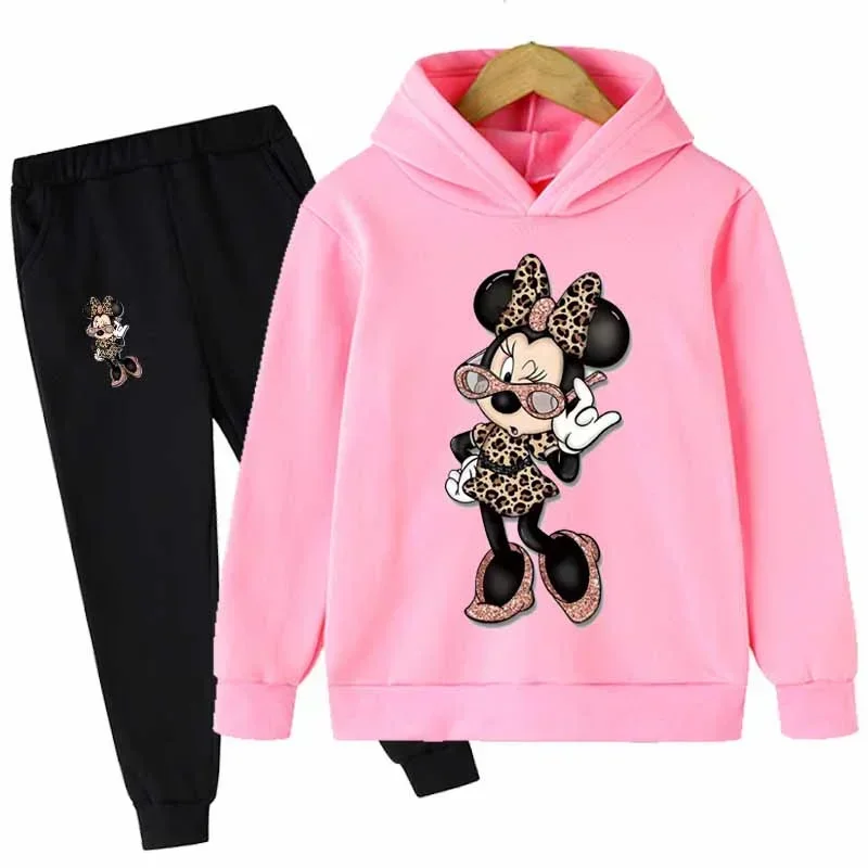 Traje de Mickey y Minnie Mouse para niñas, Sudadera con capucha de manga larga de dibujos animados y pantalones largos, conjunto de 2 piezas, ropa