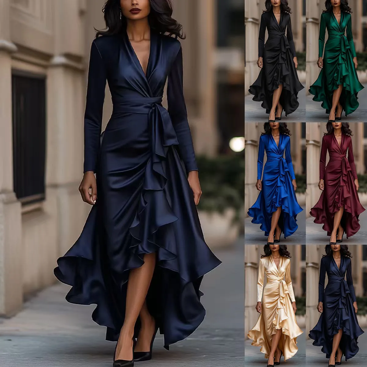 

New Satin V-neck Waist-cinching Ruffle Dress For Women Birthday Dress Prom Femme Clothing