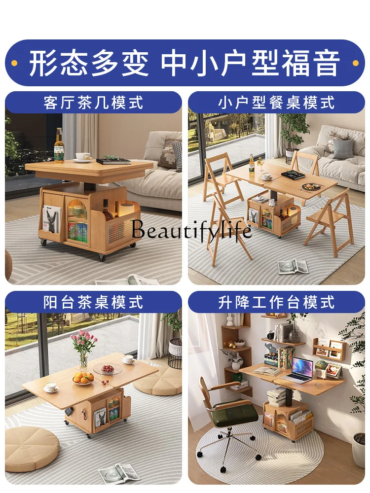 Lifting Coffee Table Movable Side   Solid Wood with Wheels Tea Table Multifunctional Folding Dining Table