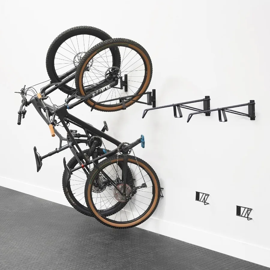 

SwivelStow Mountain Bike Storage Rack 4 Pack Heavy Duty Bike Hanger NoLift Bike Wall Mount for Garage Bike Storage MTB and EBik