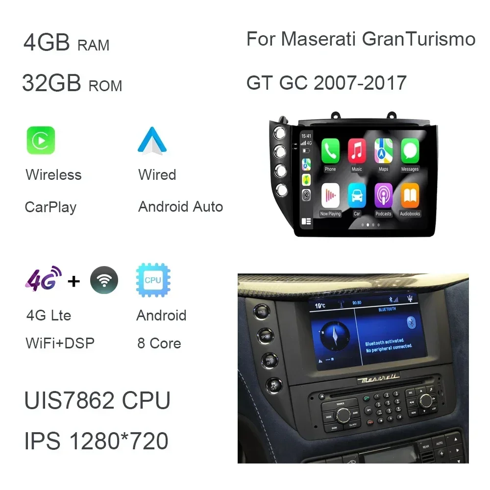 IPS 1280*720 Carplay 10.4" Android 13.0 6GB+128GB Car DVD Player GPS WIFI Radio For Maserati GranTurismo GT GC 2007- 2017 image 3