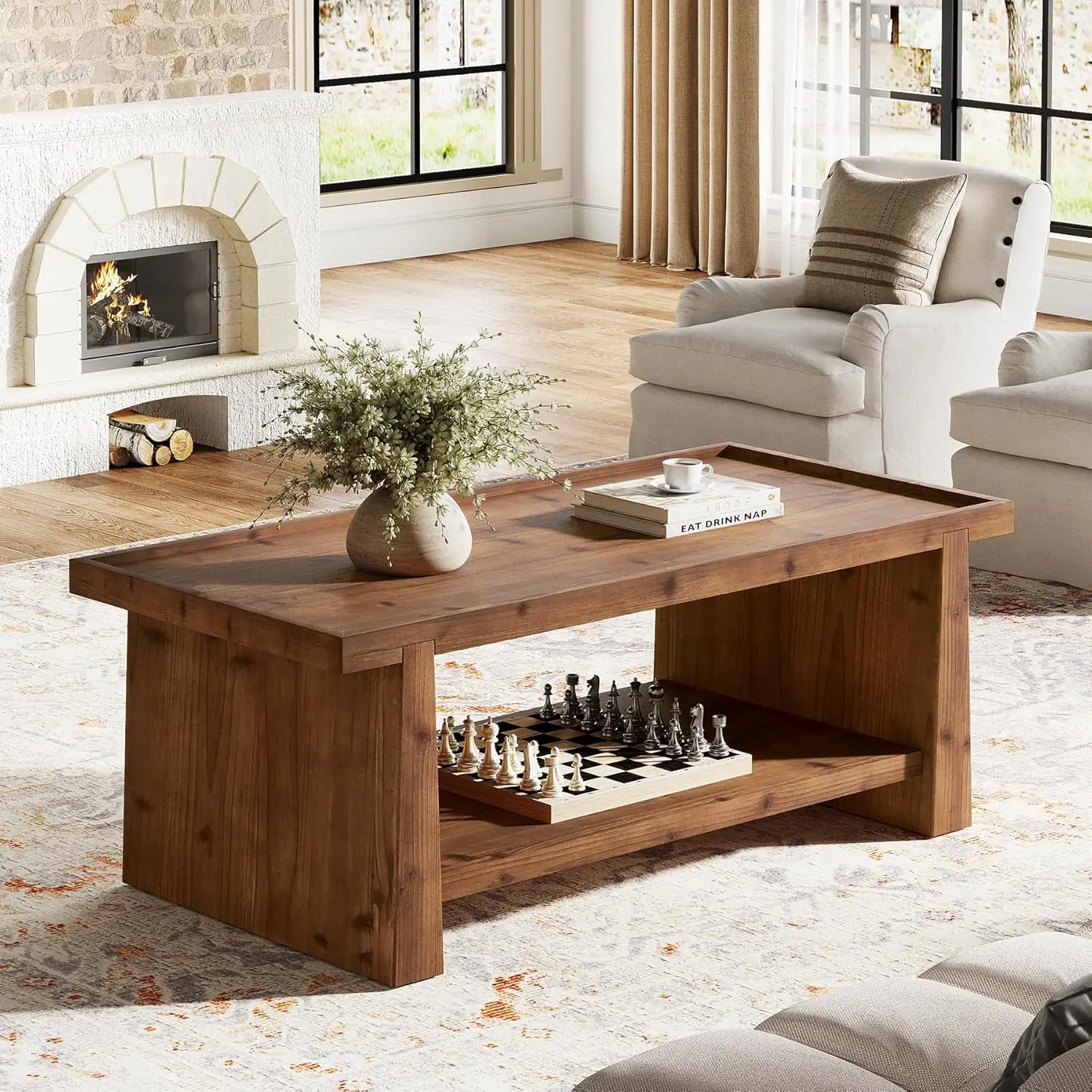 #ji Tribesigns 47 Inch Solid Wood Rustic Farmhouse Coffee Table With Raised Edge And 2 Tier Open Storage For Living Room Brown
