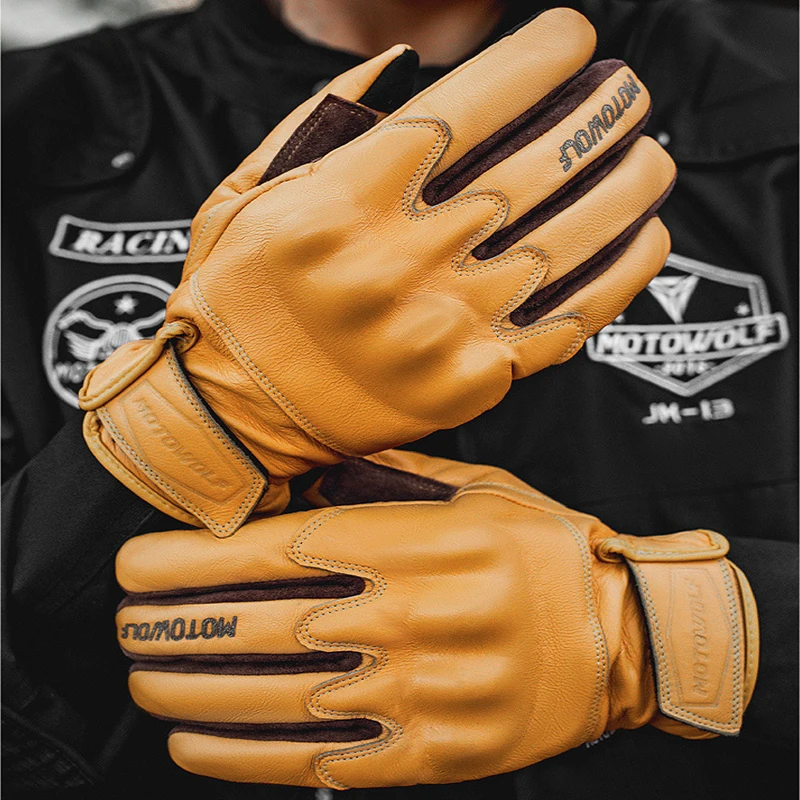 Guantes de Motociclismo de Cuero con Pantalla Táctil, Resistentes, con Protección para Nudillos, Guantes Enduro, Guantes de Cuero para Hombre, Guantes Retro para Hombre