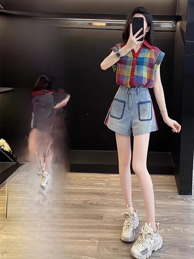 

Летний элегантный комплект: рубашка в клетку и шорты с высокой талией, женский модный набор, контрастный клетчатый топ и джинсы с эффектом похудения