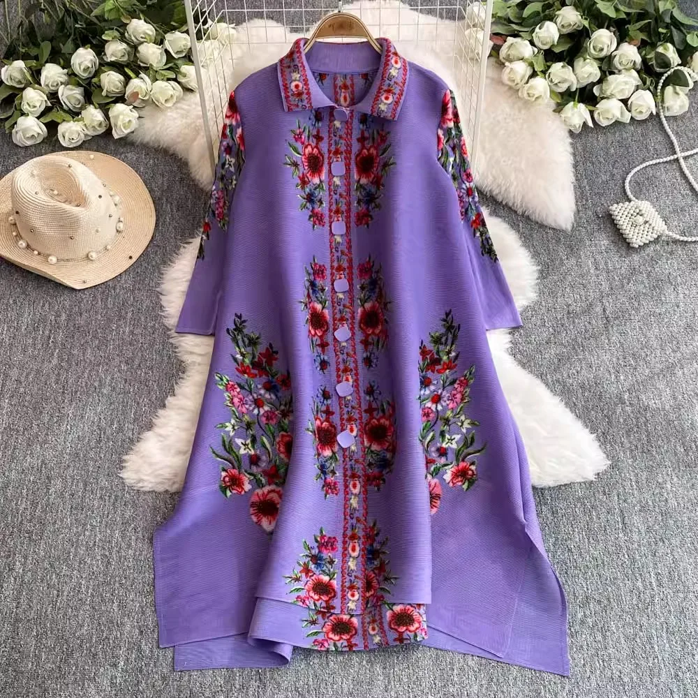 Spring New Miyaki Pleated Dress Shirt Lapel Single Breasted Flower Elegant Women's Dress Loose Irregular Midi Length Cardigans