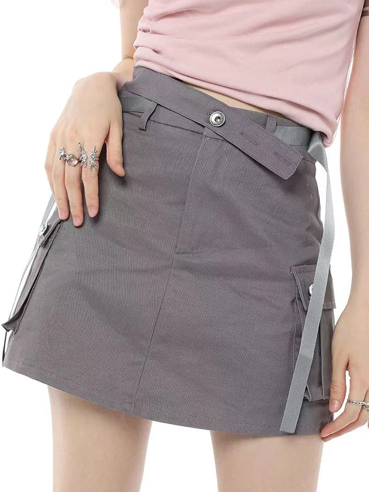 Zoki Streetwear Retro Cargo Skirts Women High Waist Y2K Mini Skirt American Casual Harajuku Vintage Slim Female Gray Skirts New