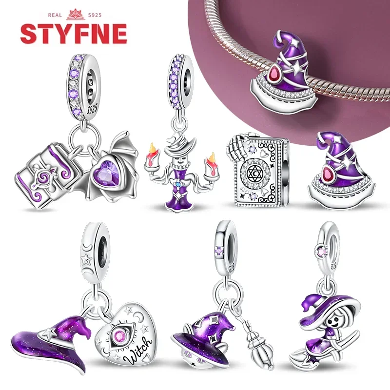 925 Sterling Silver Purple Flying Witch Hat & Magic Book Charms Beads Fits Original Bracelet DIY Halloween Charm for Women Gifts