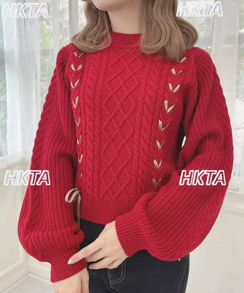 

Новинка 2025 года, зимний свитер, японский милый универсальный плетеный короткий вязаный свитер с галстуком и бантом, однотонный внутренний внешний пуловер, женский свитер