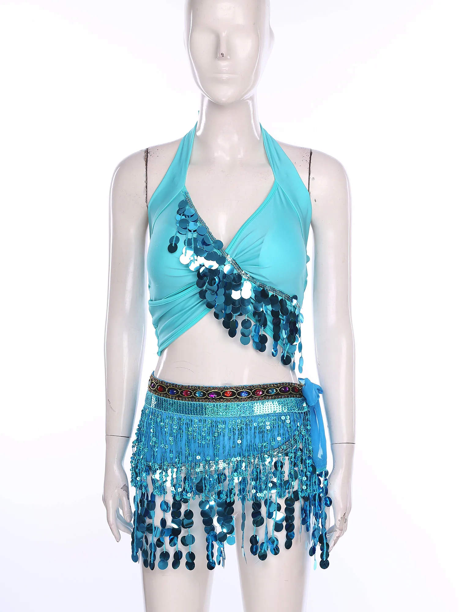 Women Shiny Belly Dancing Outfit Tassel Sequin Halter Crop Top with Fringe Hip Scarf Carnival Theme Party Performance Costume