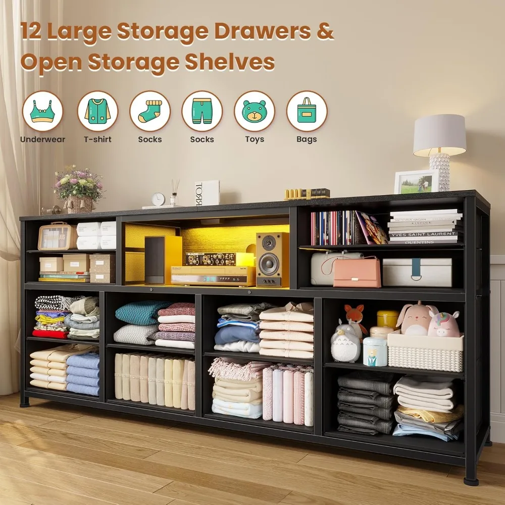 Cômoda de suporte de TV LED para quarto com tomadas elétricas, centro de entretenimento de 55 polegadas com 12 gavetas, mesa de console de mídia