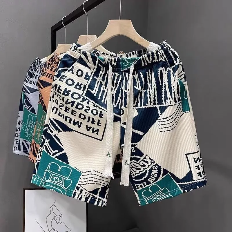 

Повседневные летние брюки из ледяного шелка Qui Dry, мужские легкие пляжные спортивные брюки с принтом модного бренда, молодежные активные брюки Five-Qua...