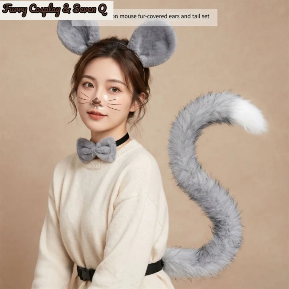 Four Piece Mouse Costume Set for Adults with Plush Ear Band, Tail, Neck Tie and Nose Accessory for Party Use Photos