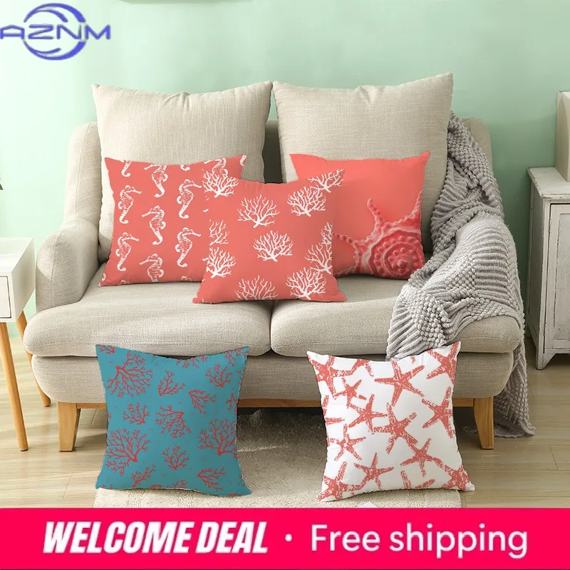Starfish Stripe Print Cushion Cover for Modern Sofa Home Decor Pink Coral Orange Pillow
