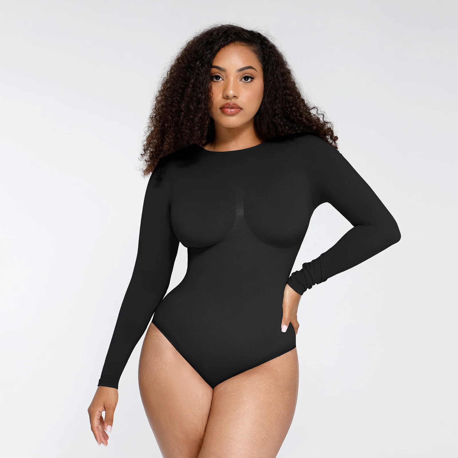 

HEXIN Women's Seamless Bodysuit Long Sleeve Crew Neck Bust Support Waist Enhancement Shapewear Belly Slimmer Skin-Friendly Tops