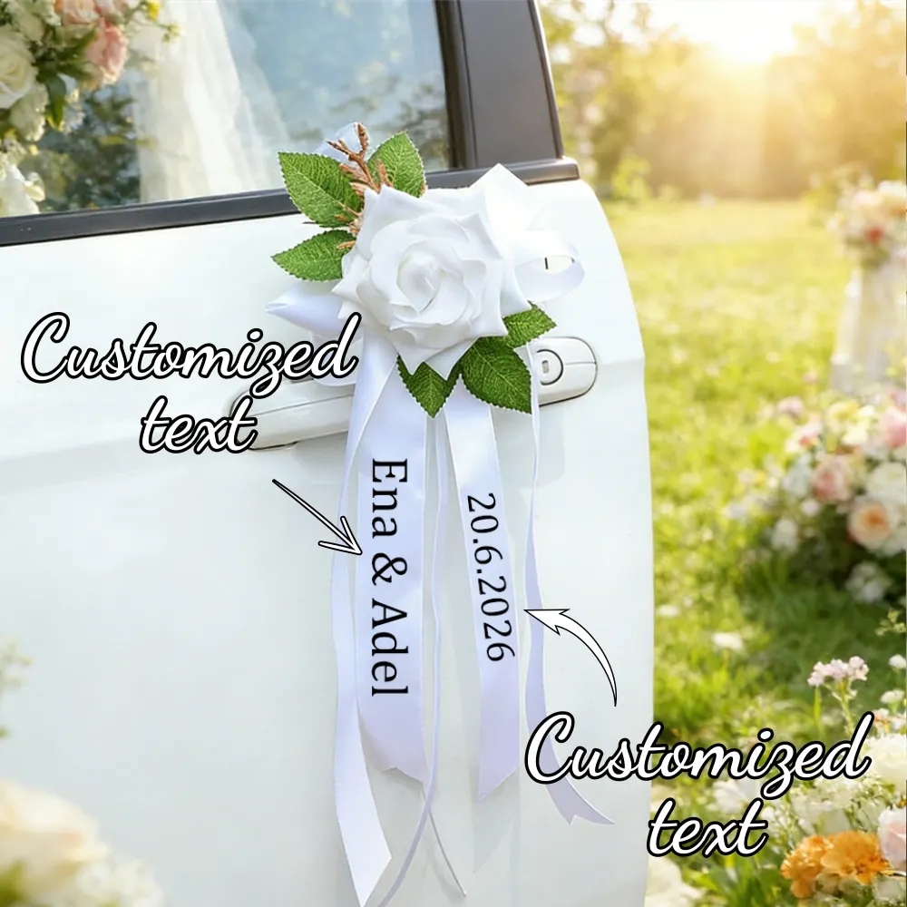 Custom European Style Wedding Car Bow Rearview Mirror Wedding Decoration Door Handle Strap Simulated Rose Custom Bow And Ribbon