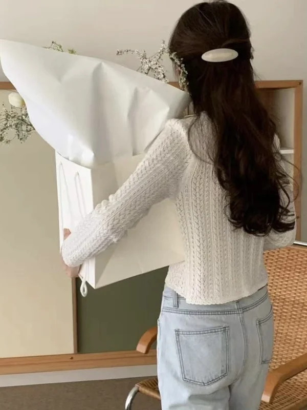 

e Вязаный свитер с кружевной отделкой, женский облегающий свитер с небольшим воротником, ажурный топ, мягкий, белый, для поездок на работу