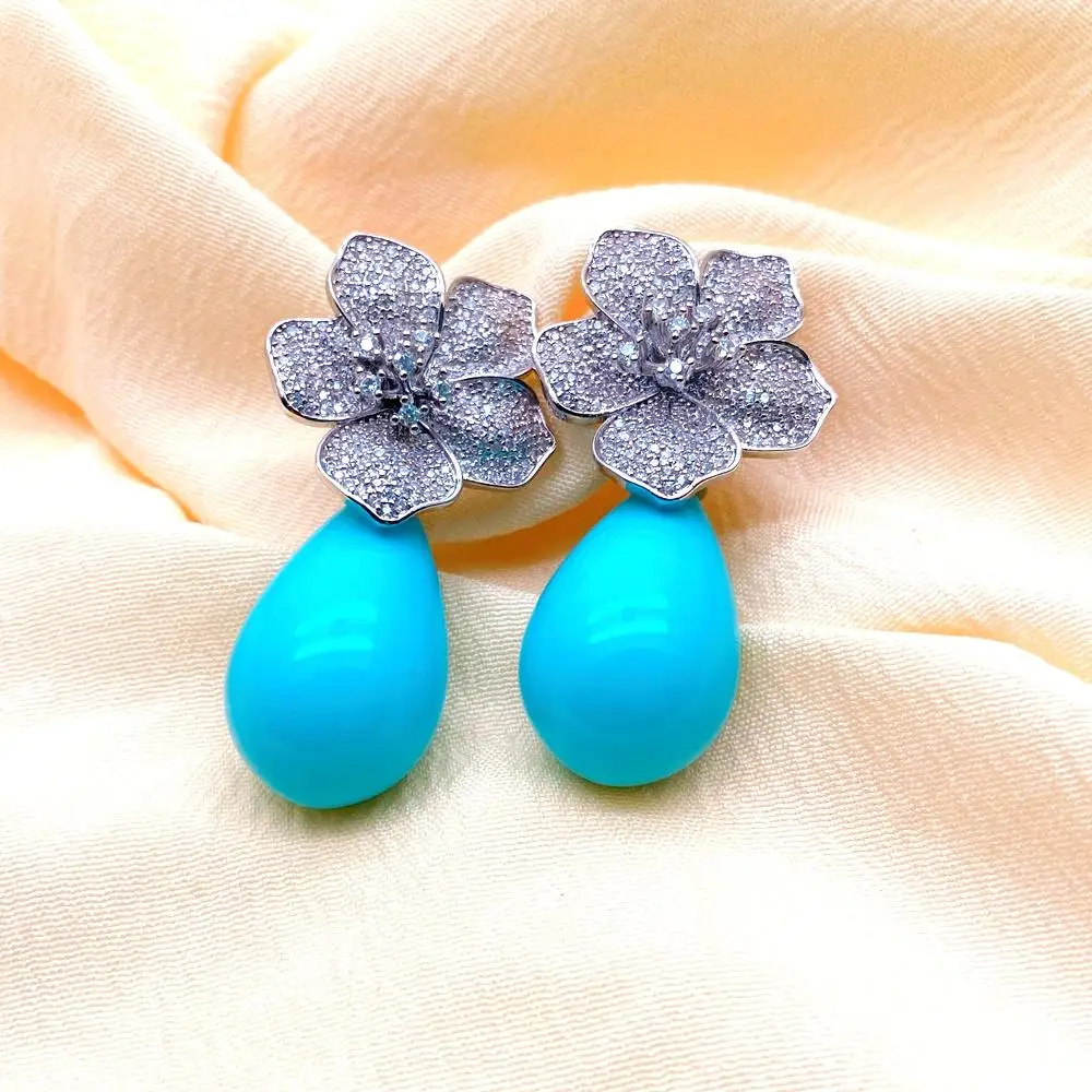YYGEM 16x27mm Blue Sea Shell Teardrop Cz Pave Flower Stud Gold Plated Stones Earrings Party Elegant Jewelry Dropshipping view 6