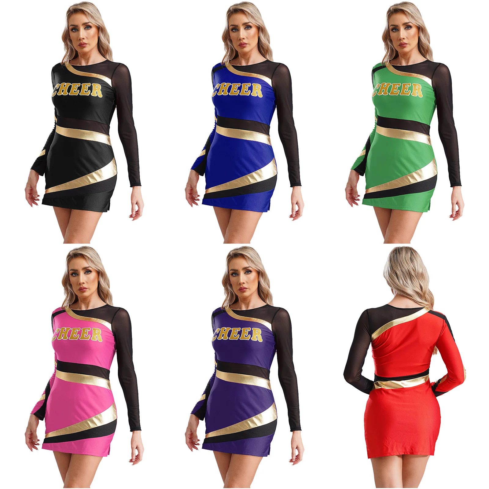 Women Sexy Cheerleading Uniform Long Sleeve Metallic Bodycon Dress Clubwear Carnival Musical Festival Halloween Dress Up Costume