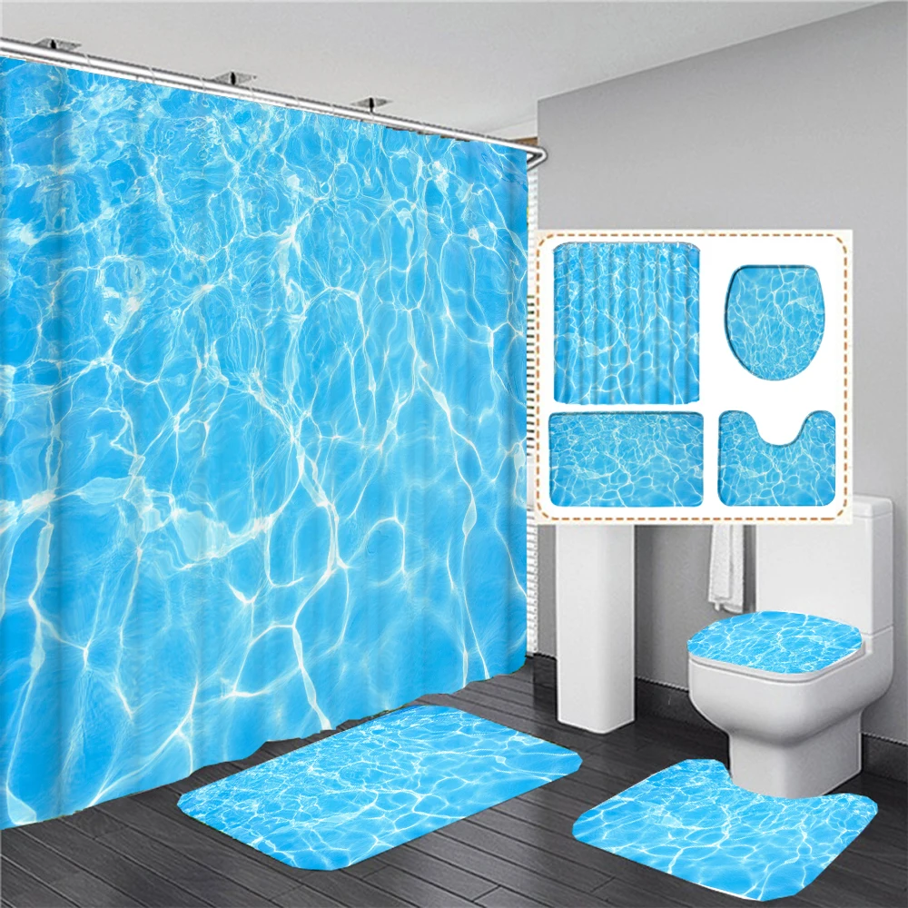 3D Blue Ocean Sea Seawater Printed Shower Curtain Set with Non-slip Toilet Lid Cover Mat Waterproof Bathing Screen Home Decor