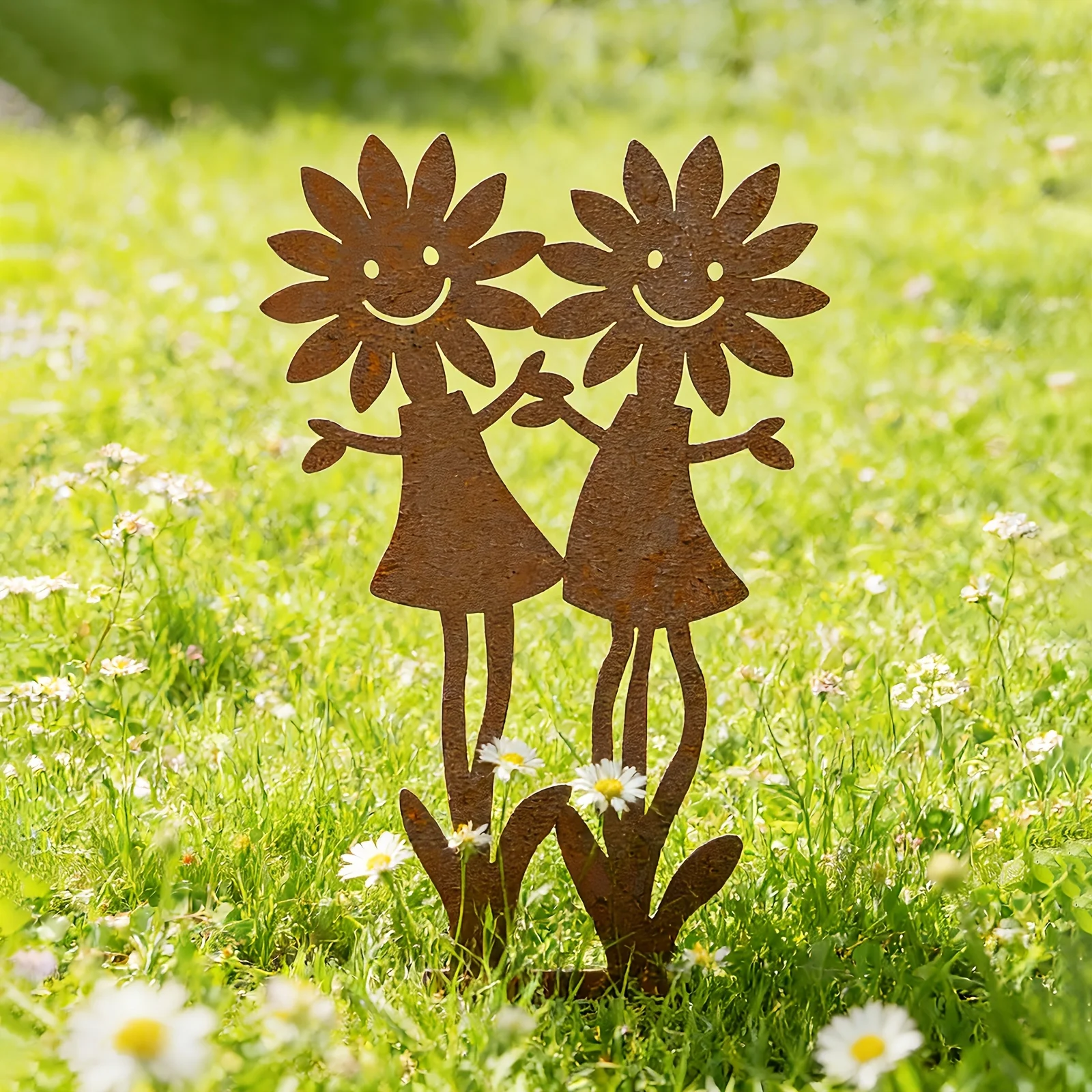 Vintage Rusty Smiley Face Sunflower Double Flower Stand - Fun Outdoor Courtyard, Rustic Style Courtyard Lawn Decorative Statue