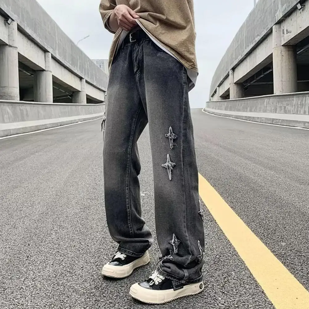 Men Spliced Color Jeans Gradient Color Splicing Men's Denim Pants with Distressed Cross Pattern Slight Flared Trousers for Men