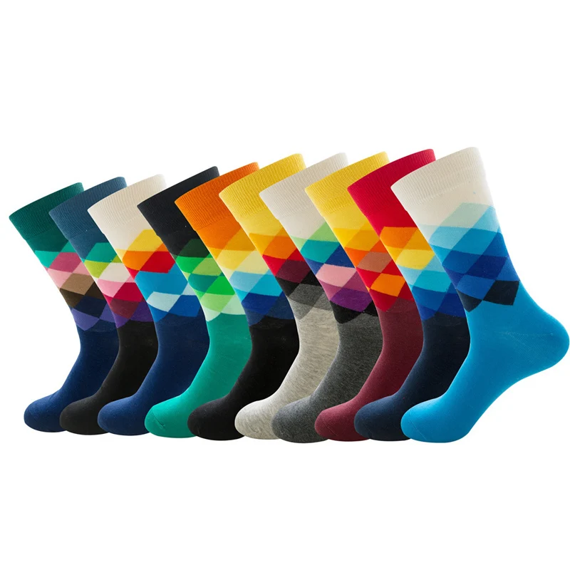 Men Cotton Happy Socks Ten Color Diamond Shaped Big Board Socks Color Gradual Change Shaped Female Funny Hip Hop Sock