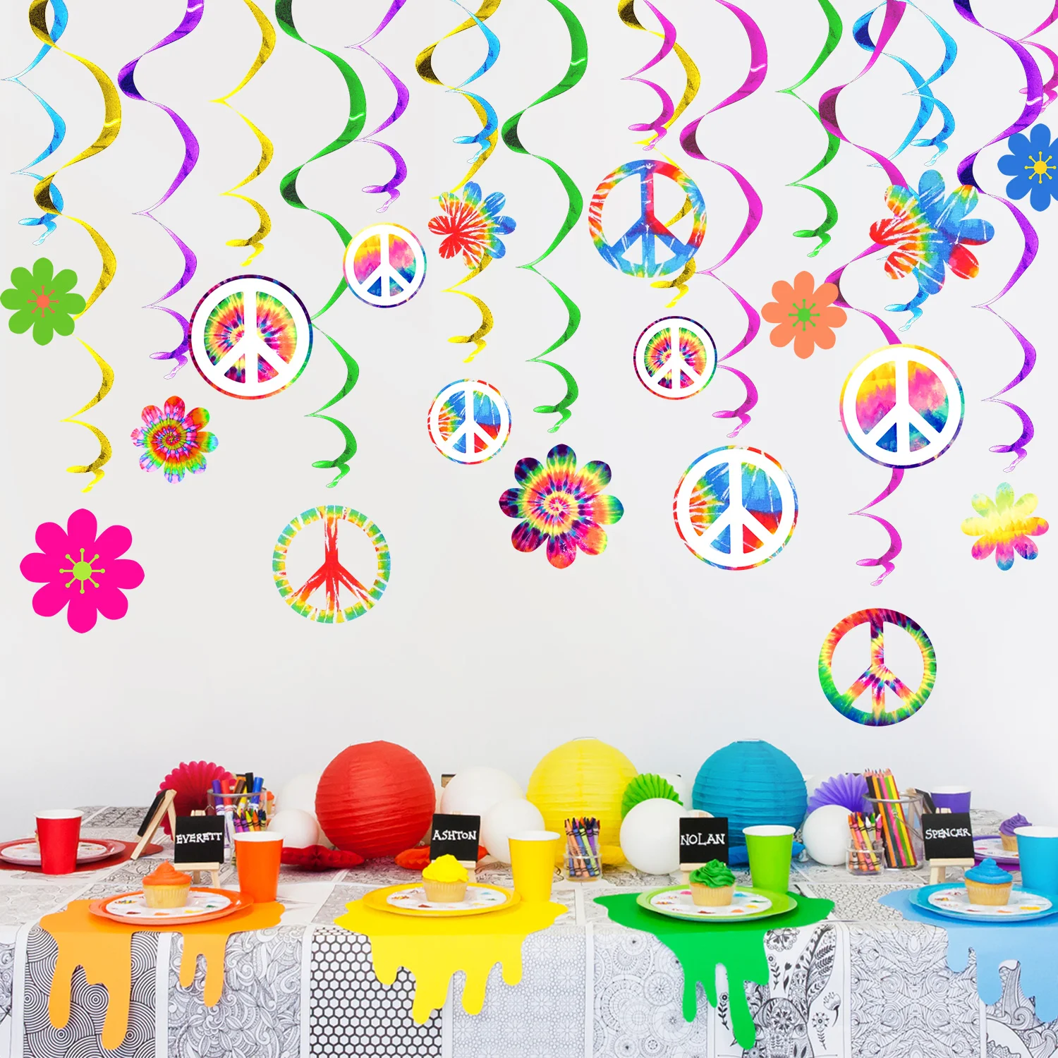 18Pcs Colorful Bohemia Groovy Spiral Banner Hippie Boho Theme Swirl Hanging Garland for Birthday Baby Shower Party Decoration