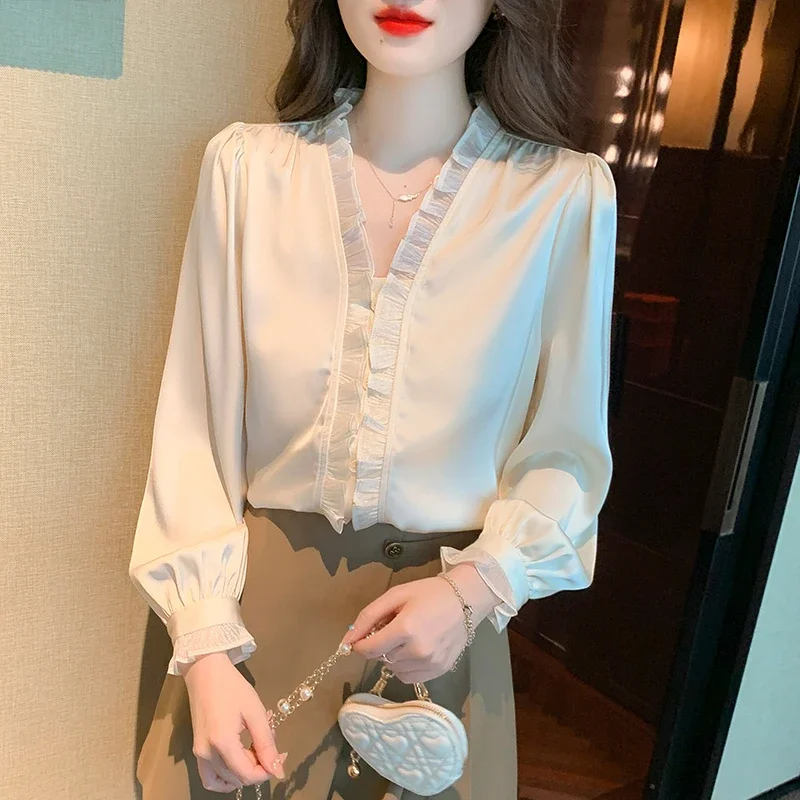 

Long Sleeve Blouse Women Blusas Mujer De Moda 2024 New V-Neck Apricot Chiffon Blouse Shirt Women Tops Blouses Shirts Blusa G424