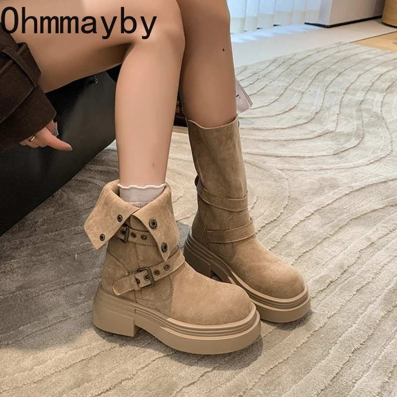

2026 New Spring Autumn Platform Women Knight Boots Concise Thick Heels Shoes Female Vintage Mid Calf Booties Zapatos De Muje