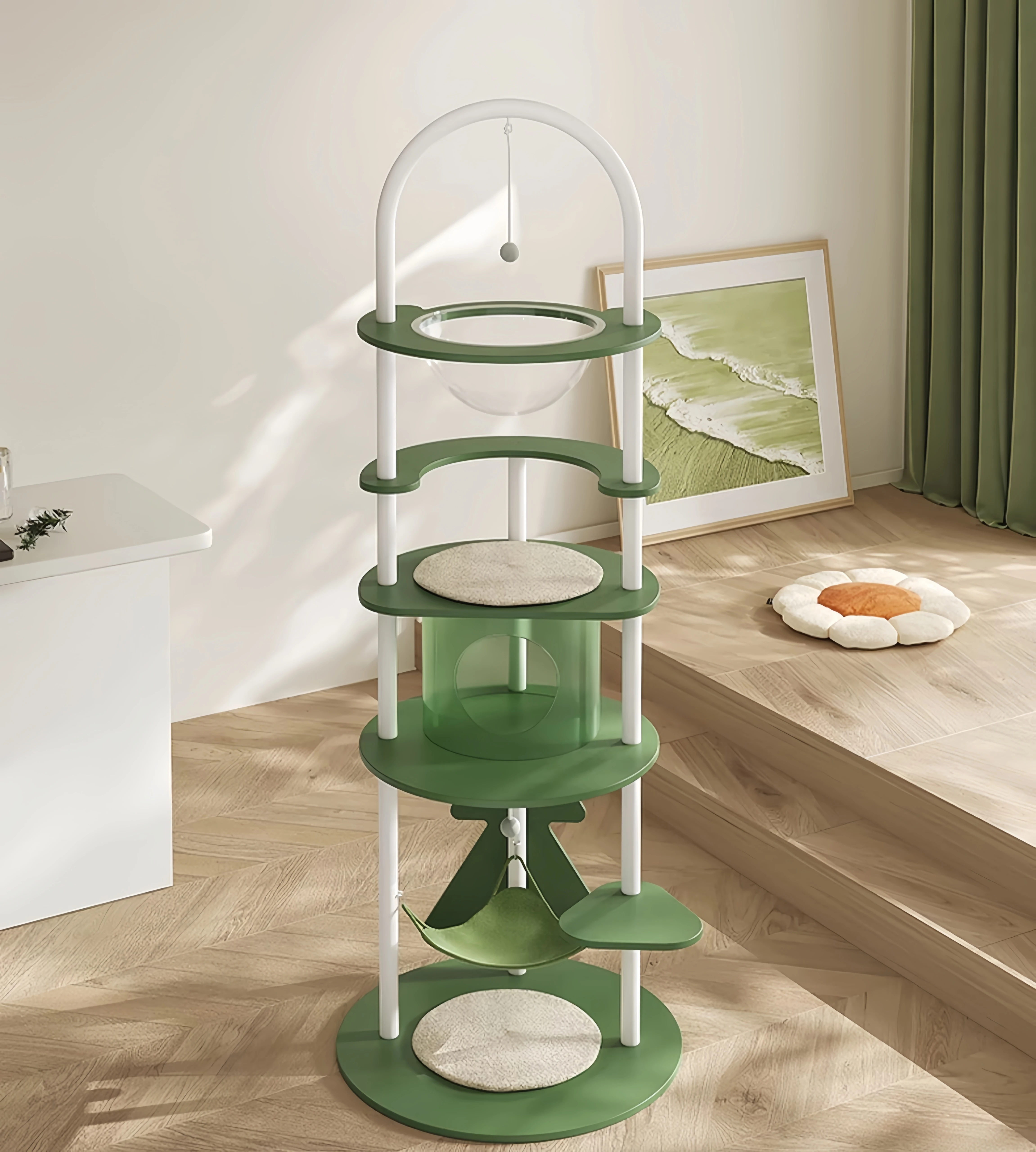 

Элегантная деревянная башня в виде кошачьего дерева с множеством уровней и пещер