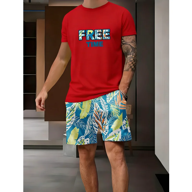 

Летние повседневные спортивные комплекты, футболки для отдыха на море, костюм с 3D бесплатным буквенным принтом и пальмовым узором, комплекты из двух предметов, модная мужская одежда