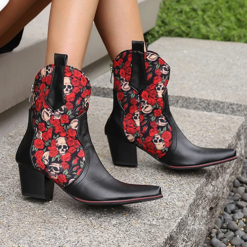 2024new autumn winter women ankle boots plus size 22.5-28cm pu/printing fabric square toeback zip thick heel women modern boots