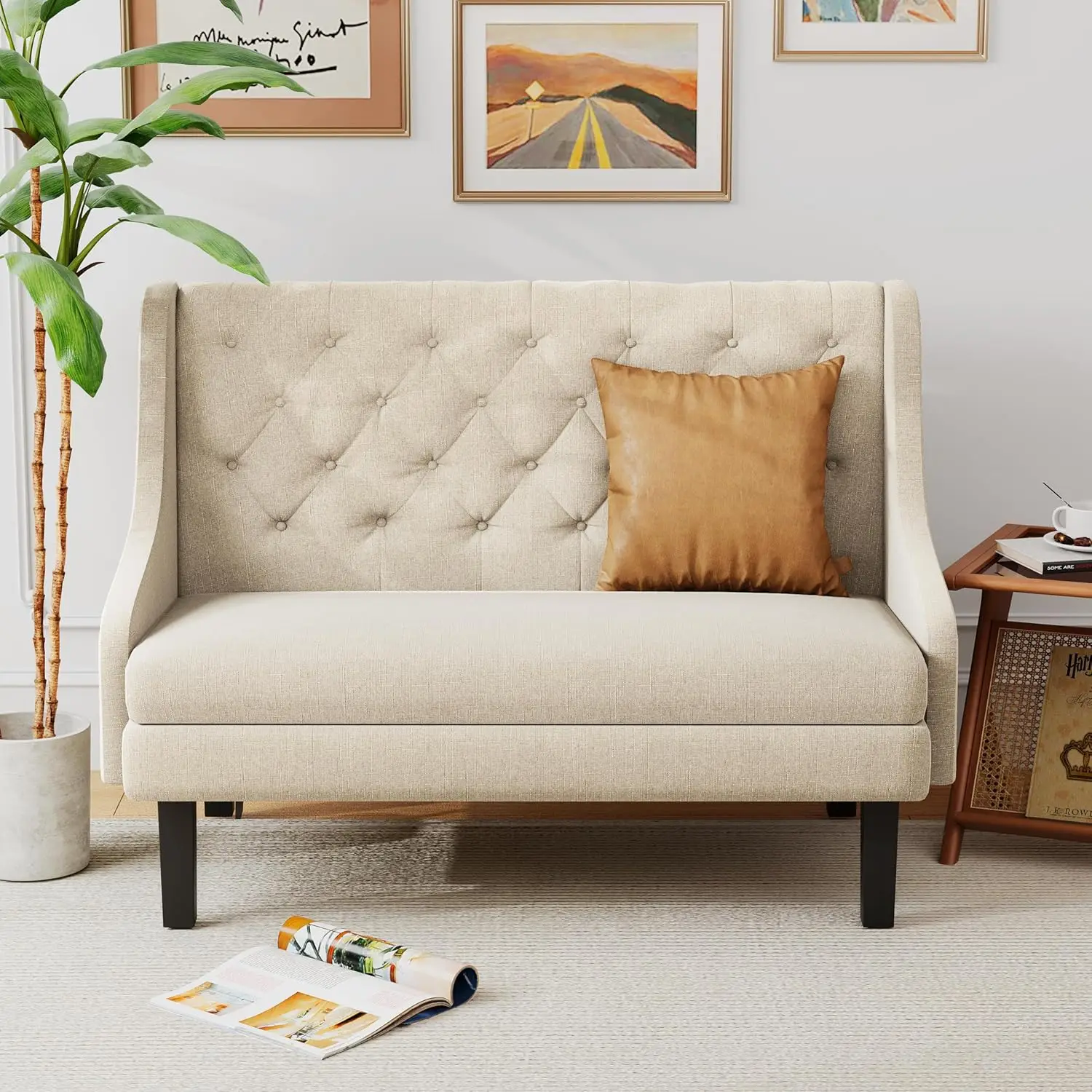 مقعد Loveseat منجد بأزرار خلفية عصرية معنقدة لغرفة الطعام والممر أو الجلوس في المدخل، عاجي