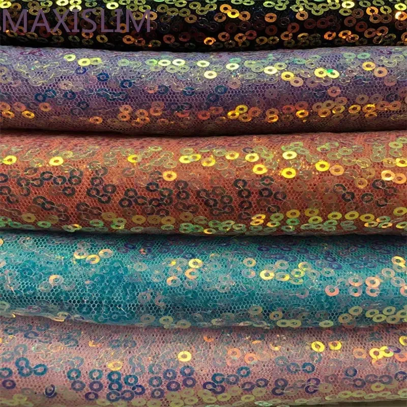 Spot Wholesale 3MM Mesh Breathable Sequin Fabrics Irregular Fluorescence Sequin Embroidery Fabrics Dress 5Yards/Lot Wide:125CM