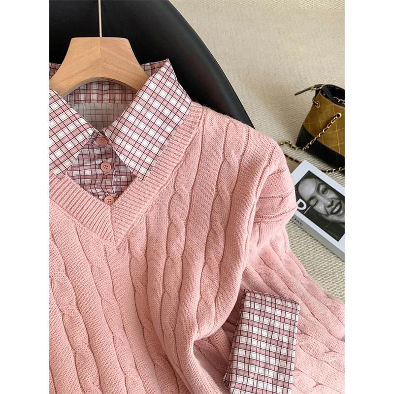 MEXZT Süße Rosa Pullover Frauen Harajuku Plaid Patchwork Gestrickte Pullover Koreanische Langarm Strickwaren Winter Mode Jumper