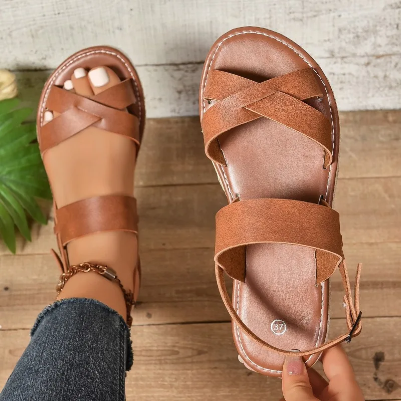 2024 Summer Women\'s Brown Rope Flat SandalsSize42 Thick Sole Sandals for Women Lightweight Anti-Slip Beach Sandalias De Mujer