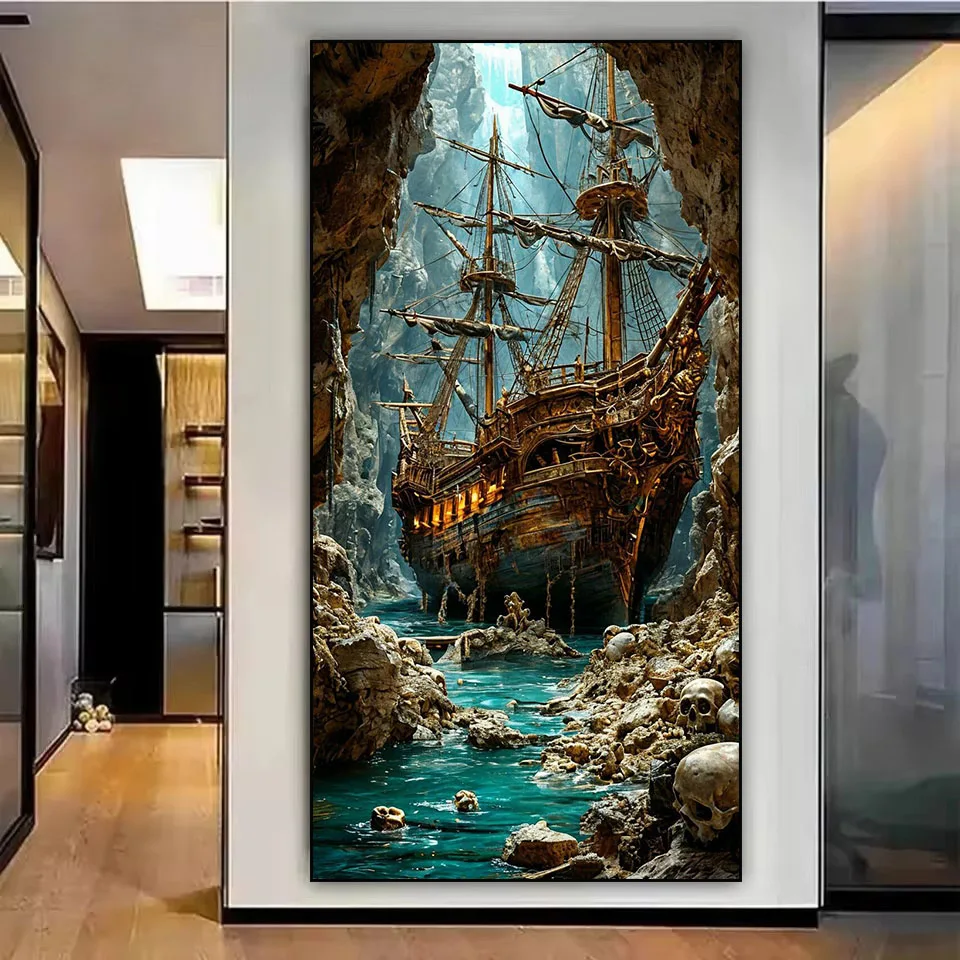 

5d Diy Алмазная картина Пиратский корабль Череп Полная вышивка Парусный пейзаж Алмазная мозаика Украшение дома Стразы Набор для рукоделия